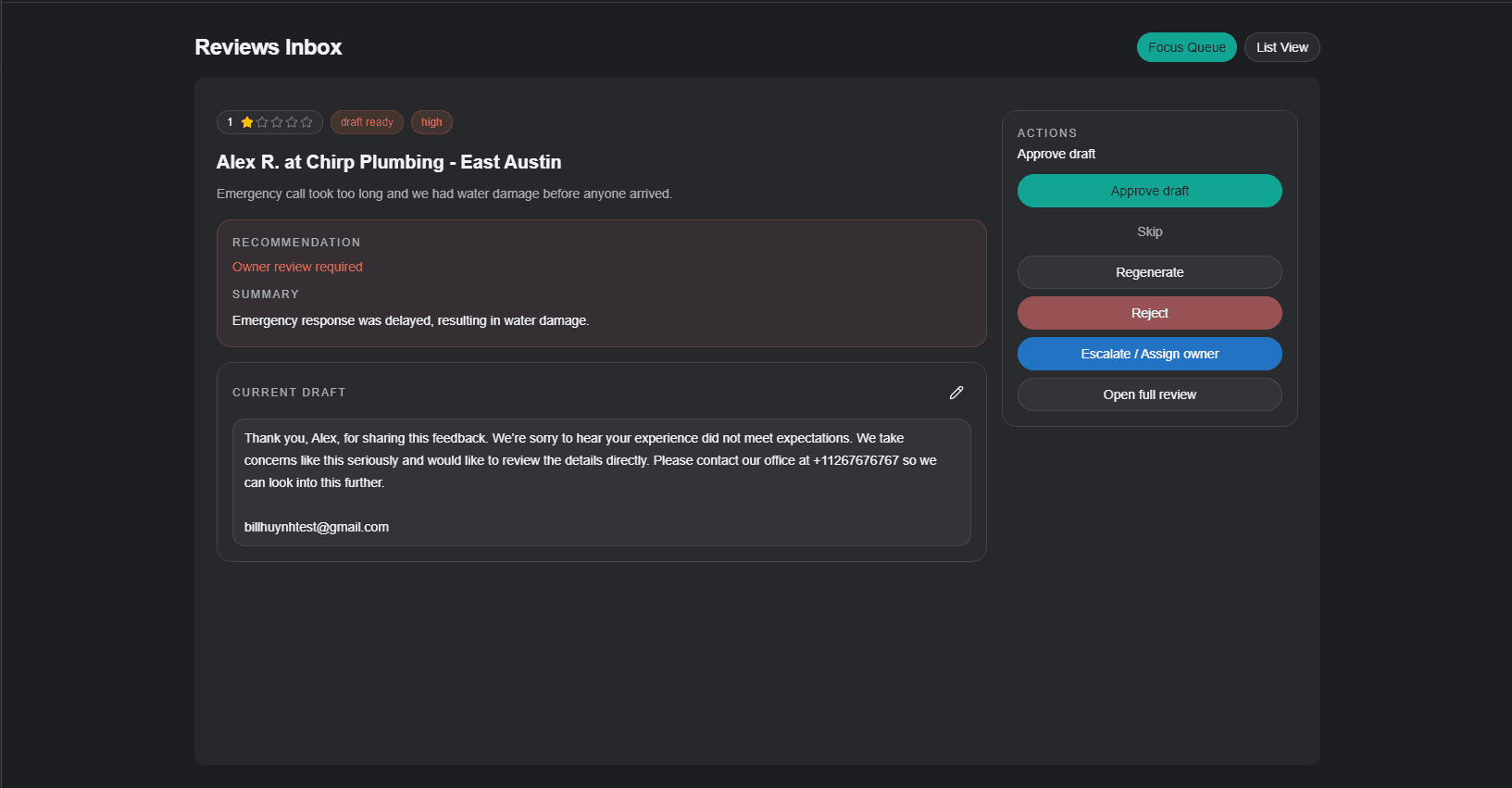 Focus queue shows reviews that need attention based on sentiment and urgency.