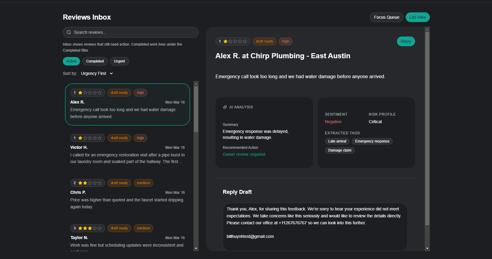 List view with sentiment tags, urgency indicators, and AI draft previews.